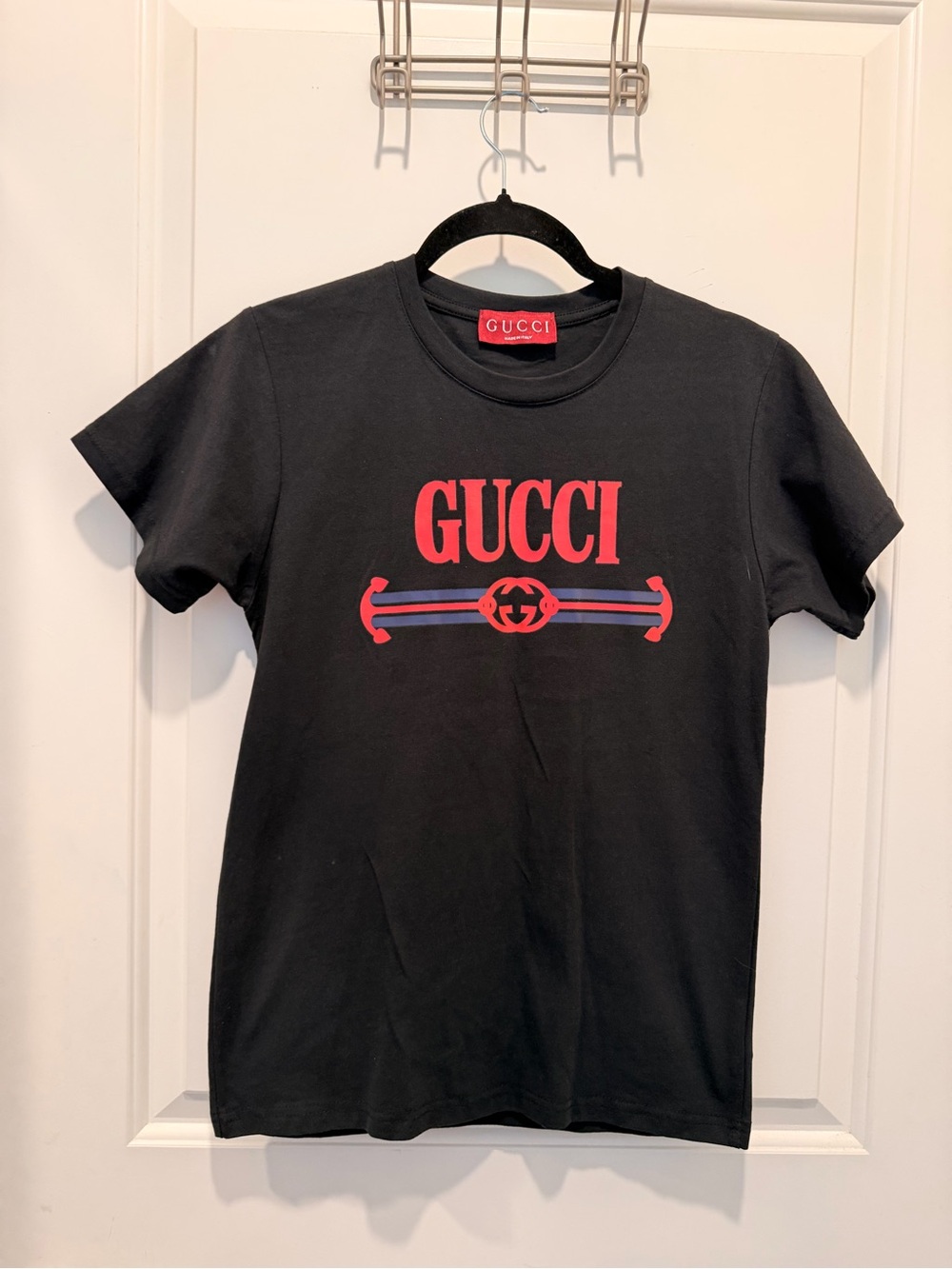 Gucci Black Cotton Graphic
T-Shirt with Red and Blue
Logo